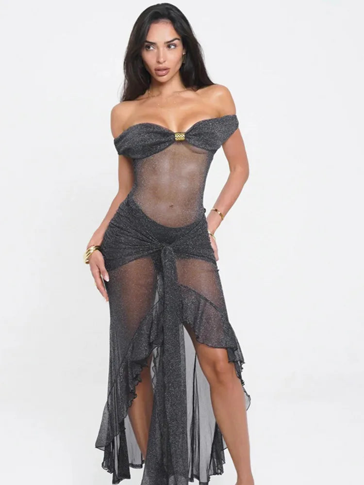 Mesh See Through Ruffled Sexy Maxi Dress For Women Gown Gray Off-shoulder Strapless Backless Ruched Long Dress Vestido