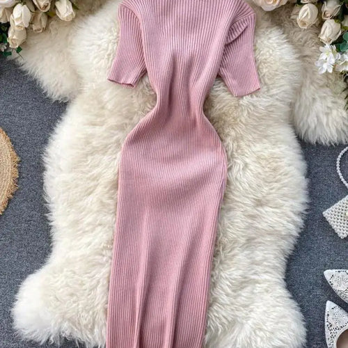 Load image into Gallery viewer, Summer Korean Solid Round Neck Slim Single Breasted Short Sleeve Long Dress Women Festival Wrap Hip Split Knitted Dress Popular
