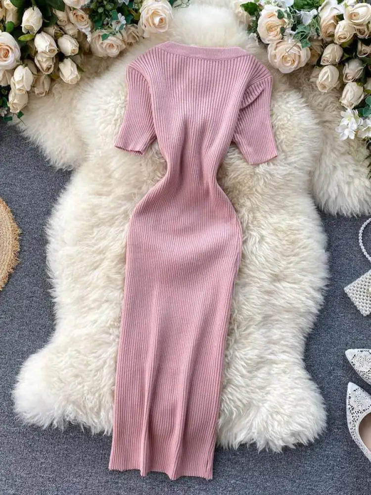 Summer Korean Solid Round Neck Slim Single Breasted Short Sleeve Long Dress Women Festival Wrap Hip Split Knitted Dress Popular