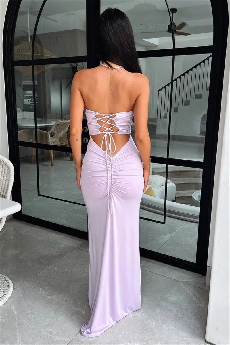 Strapless Backless Lace-up Maxi Dress For Women Summer New Off-shoulder Sleeveless Bodycon Club Party Long Dress
