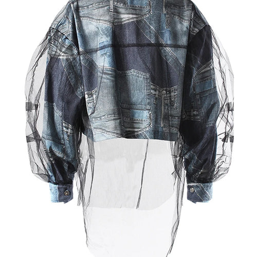 Load image into Gallery viewer, Blue Denim Printed Mesh Big Size Casual Jacket New Lapel Long Sleeve Women Coat Fashion Tide Spring Autumn 2025 7AB9030
