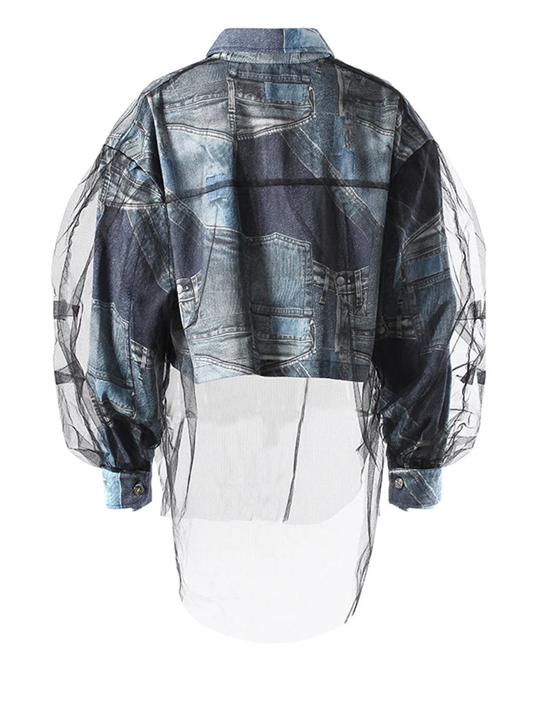 Blue Denim Printed Mesh Big Size Casual Jacket New Lapel Long Sleeve Women Coat Fashion Tide Spring Autumn 2025 7AB9030