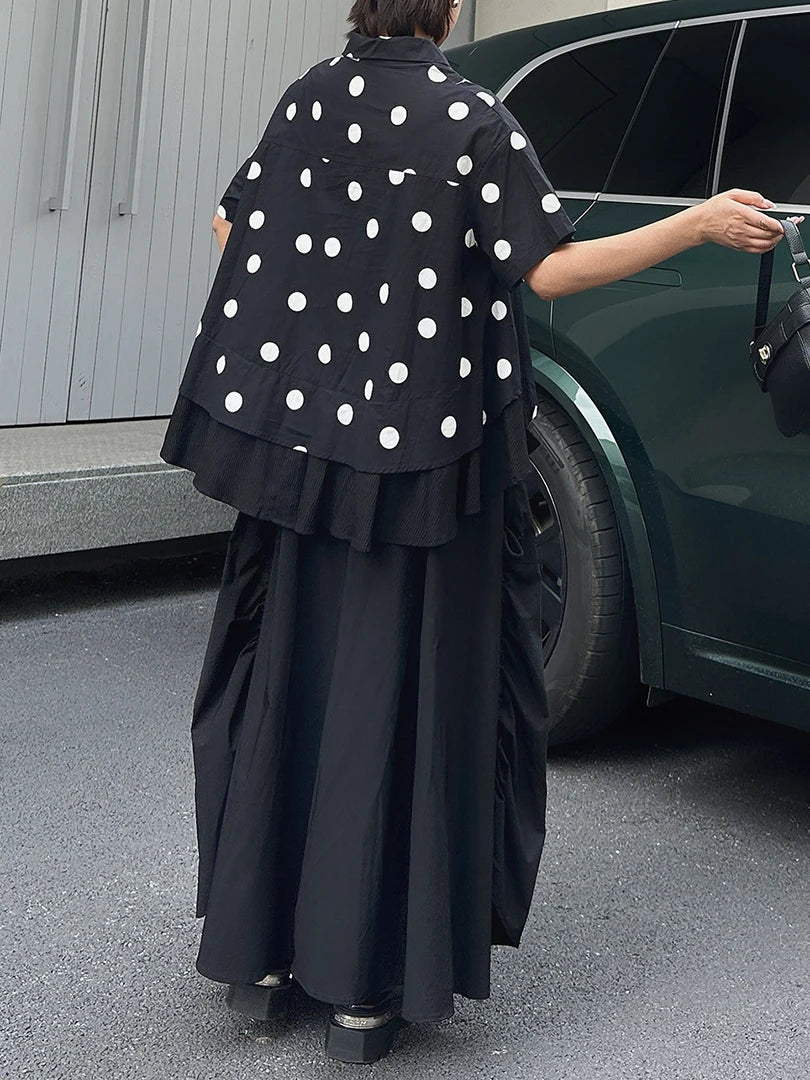 Women Black Dot Printed Irregular Big Size Blouse New Lapel Short Sleeve Shirt Fashion Tide Spring Summer 2025 1DJ1612