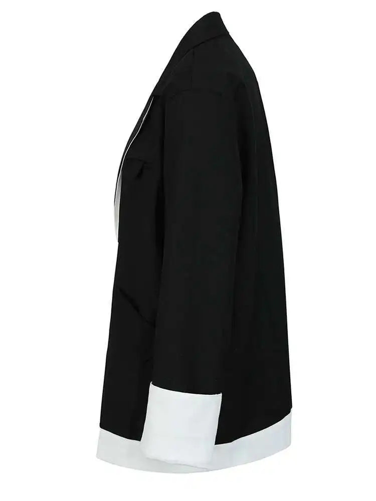 Women Black Coolor-block Big Size Casual Blazer New Lapel Long Sleeve Loose Jacket Fashion Tide Spring Autumn 2025 1DF6379