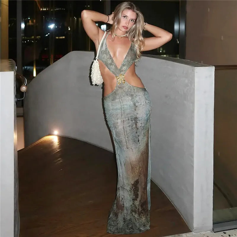 Halter Deep V Neck Print Sexy Maxi Dress For Women Gown Summer New Hollow Out Sleeveless Backless Beach Long Dress