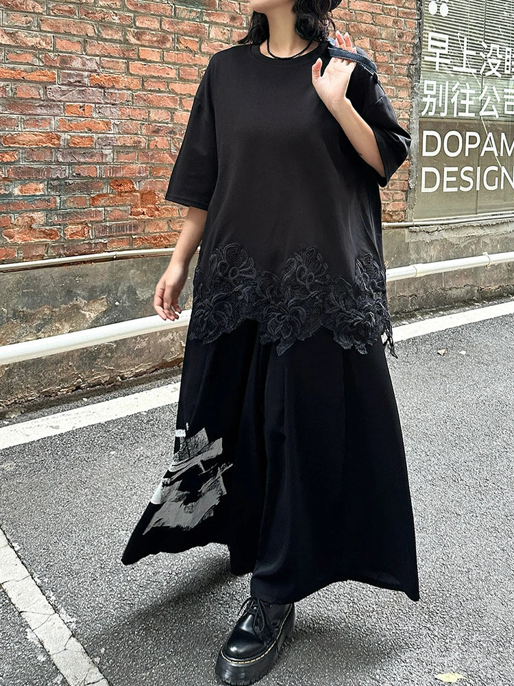 High Elastic Waist Black Pattern Printed Long Wide Leg Pants New Trousers Women Fashion Tide Spring Autumn 2025 1DJ0899