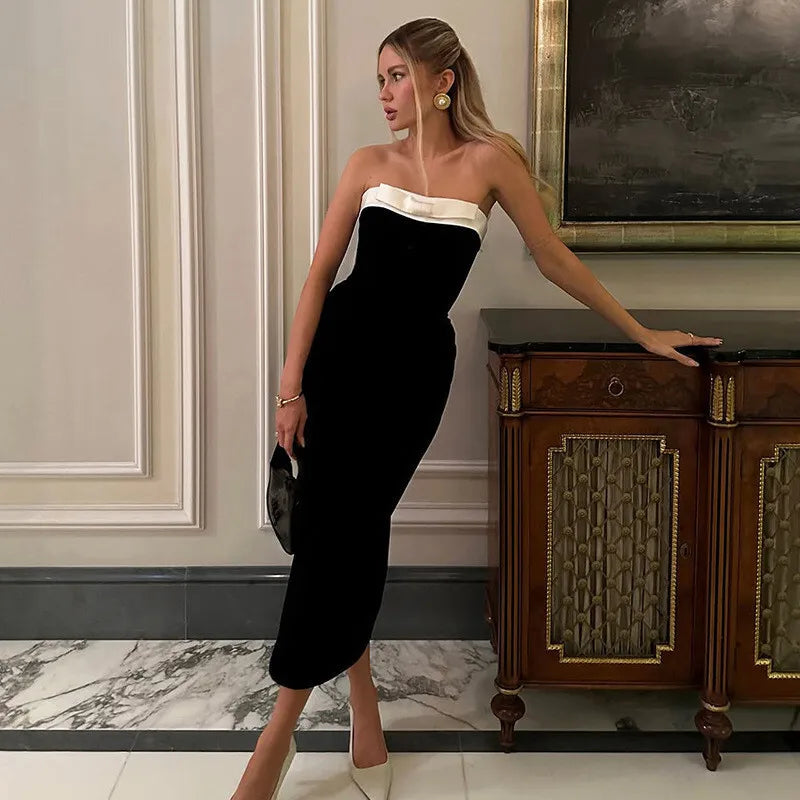 Off-shoulder Strapless Backless Sexy Maxi Dress For Women Patchwork Sleeveless High Waist Bodycon Split Long Dress