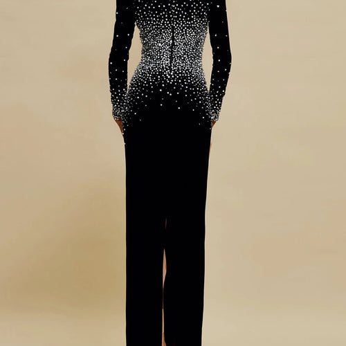 Load image into Gallery viewer, Solid Spliced Diamonds Slimming Dresses For Women V Neck Long Sleeve High Wiast Temperament Dress Femlae Fashion
