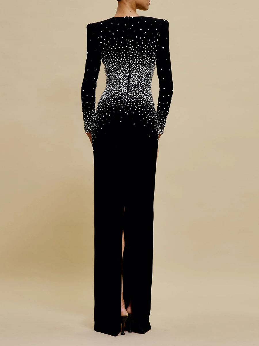 Solid Spliced Diamonds Slimming Dresses For Women V Neck Long Sleeve High Wiast Temperament Dress Femlae Fashion