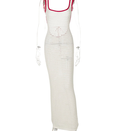 Knitted Matching Color Straps Backless Lace Up Sexy See Through Maxi Dress Women Fashion Y2K Outfits Beach Vacation