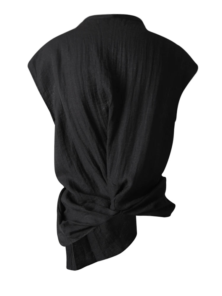 Women Black Irregular Pleated Knot Elegant Blouse New V-Neck Sleeveless Shirt Fashion Tide Spring Summer 2025 CPG3252