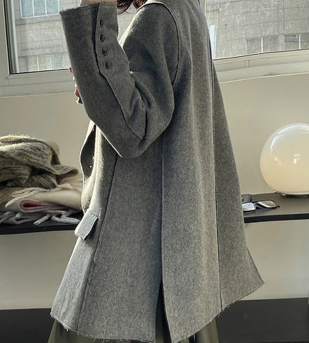 Gray Irregular Side Button Big Size Woolen Coat New Lapel Long Sleeve Women Jacket Fashion Tide Autumn Winter 2025 25A8452