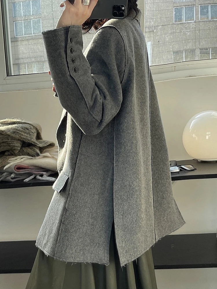 Gray Irregular Side Button Big Size Woolen Coat New Lapel Long Sleeve Women Jacket Fashion Tide Autumn Winter 2025 25A8452