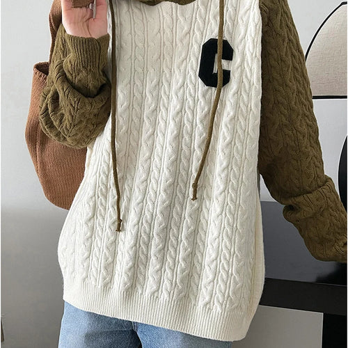 Load image into Gallery viewer, Hooded Twist Sweaters Women Autumn Winter Loose Fashion Korean Knit Sweater Spell Color Patchwork Letter Pullover
