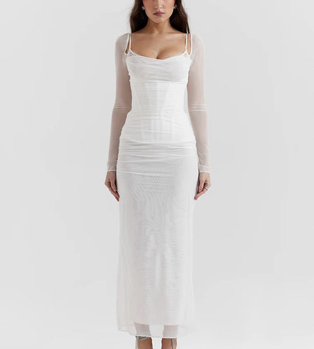 Elegant Sheer Long Sleeve Sexy Maxi Dress For Women Fashion Mesh Strapless Backless Club Party Sexy Long Dress New