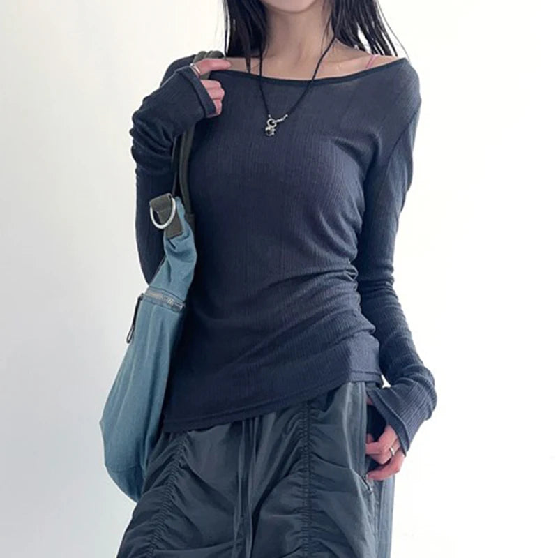 Harajuku Basic Knit Women T-shirt Long Sleeve Thin Backless Korean Style Top Tee All-Match Solid Pullover Transparent