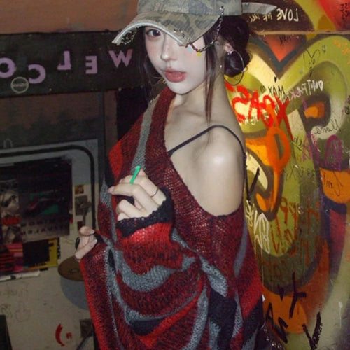 Load image into Gallery viewer, Streetwear Stripe Y2k Aesthetic Sweaters Vintage Harajuku Grunge Slash Neck Jumpers Loose Knitted Women Hollow Out Pullovers
