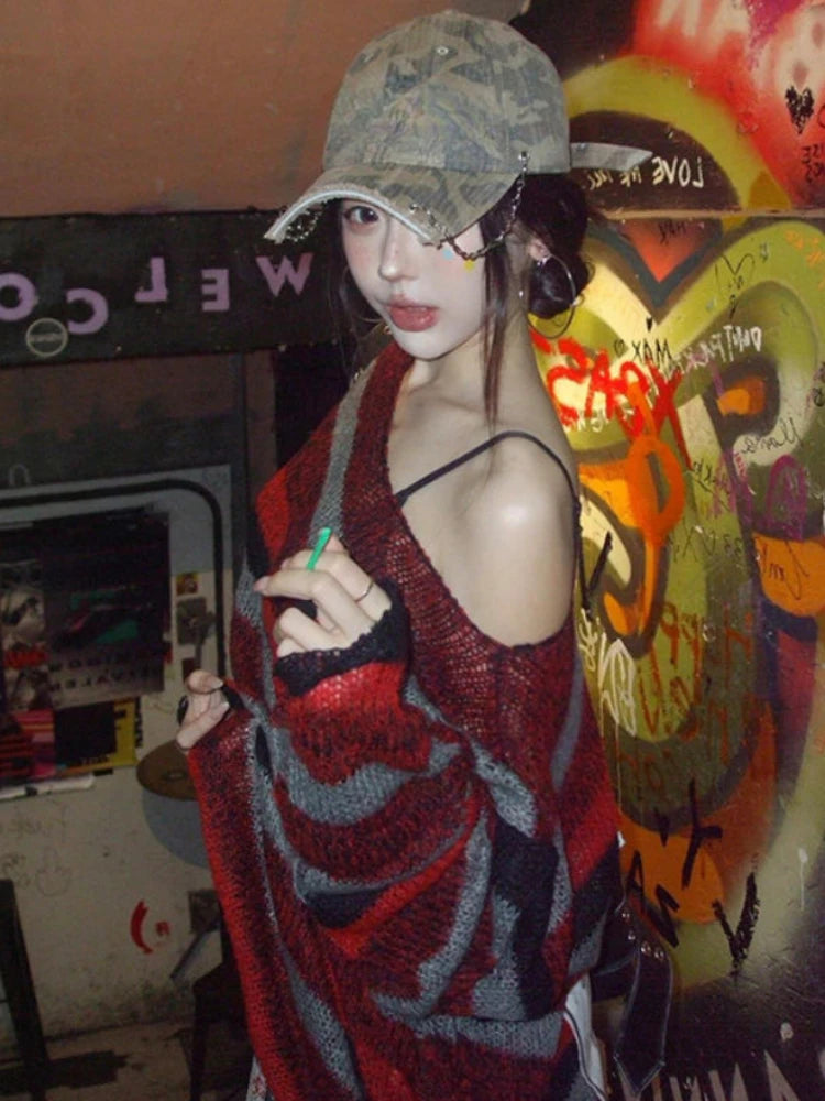 Streetwear Stripe Y2k Aesthetic Sweaters Vintage Harajuku Grunge Slash Neck Jumpers Loose Knitted Women Hollow Out Pullovers