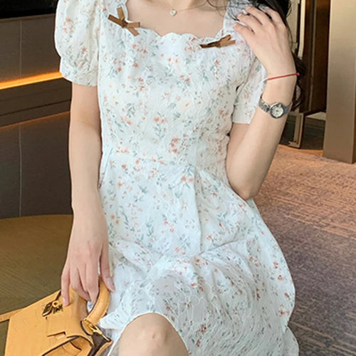 Load image into Gallery viewer, Puff Sleeve Sweet Floral Dress High Street Slim Chic Square Neck Print Elegant Women Dresses Fashion Summer Female Dress
