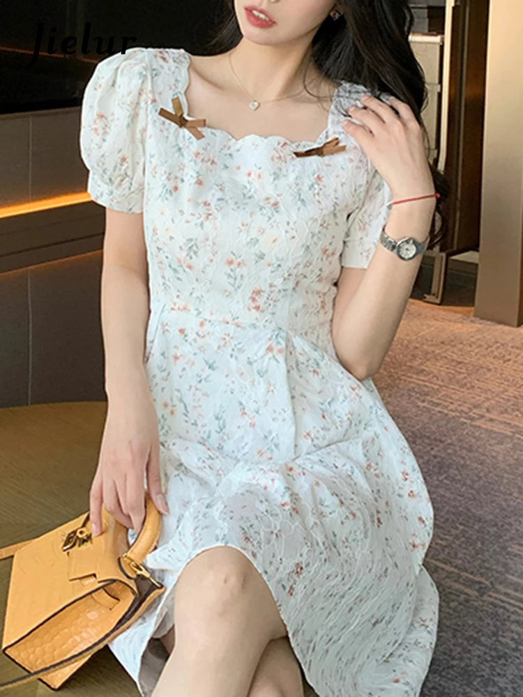 Puff Sleeve Sweet Floral Dress High Street Slim Chic Square Neck Print Elegant Women Dresses Fashion Summer Female Dress