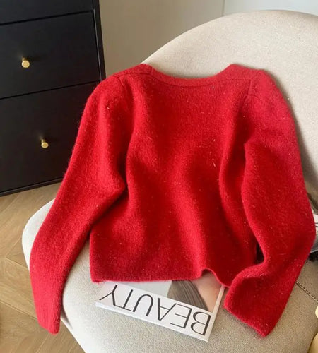 French Red Elegant Imitation Mink Knitted Cardigan Short Sweater Women Autumn Winter 2024 Popular White Soft Tops And Scarf Chic