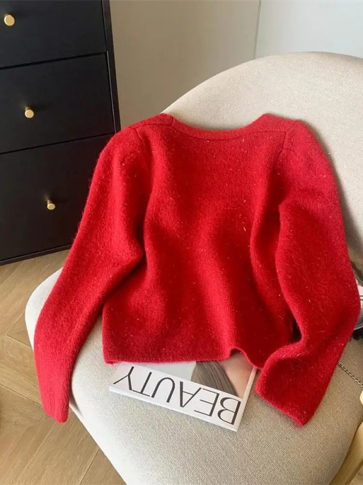 French Red Elegant Imitation Mink Knitted Cardigan Short Sweater Women Autumn Winter 2024 Popular White Soft Tops And Scarf Chic