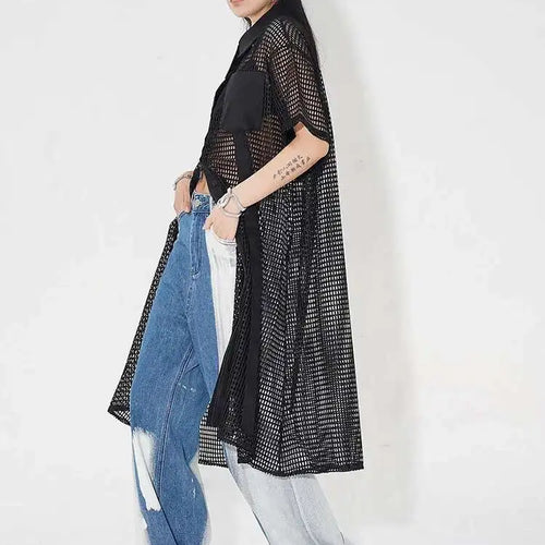 Load image into Gallery viewer, Women Black Mesh Perspective Midi Big Size Shirt Dress New Lapel Short Sleeve Fashion Tide Spring Summer 2025 1DH4934
