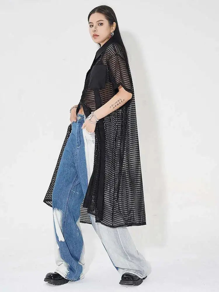 Women Black Mesh Perspective Midi Big Size Shirt Dress New Lapel Short Sleeve Fashion Tide Spring Summer 2025 1DH4934