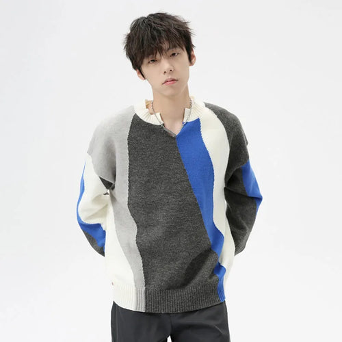 Load image into Gallery viewer, Korean Style Men&#39;s Sweater Casual Contrst Color Patchwork V-neck Pullover Trendy Male Clothing Fashion Autumn 9C7033
