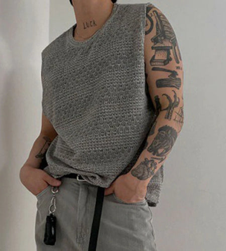 Minimalist Men's Tank Tops Casual Knitting Hollow Out Clothing Sleeveless Round Neck Male Top New Fashion Summer 9C6485