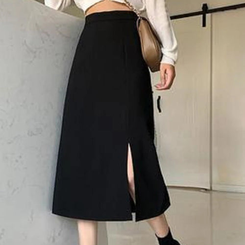 Load image into Gallery viewer, Black Skirts Women Mid-calf College A-line High Waist Korean Style OL All-match Friends  Streetwear Chic Female Bottom

