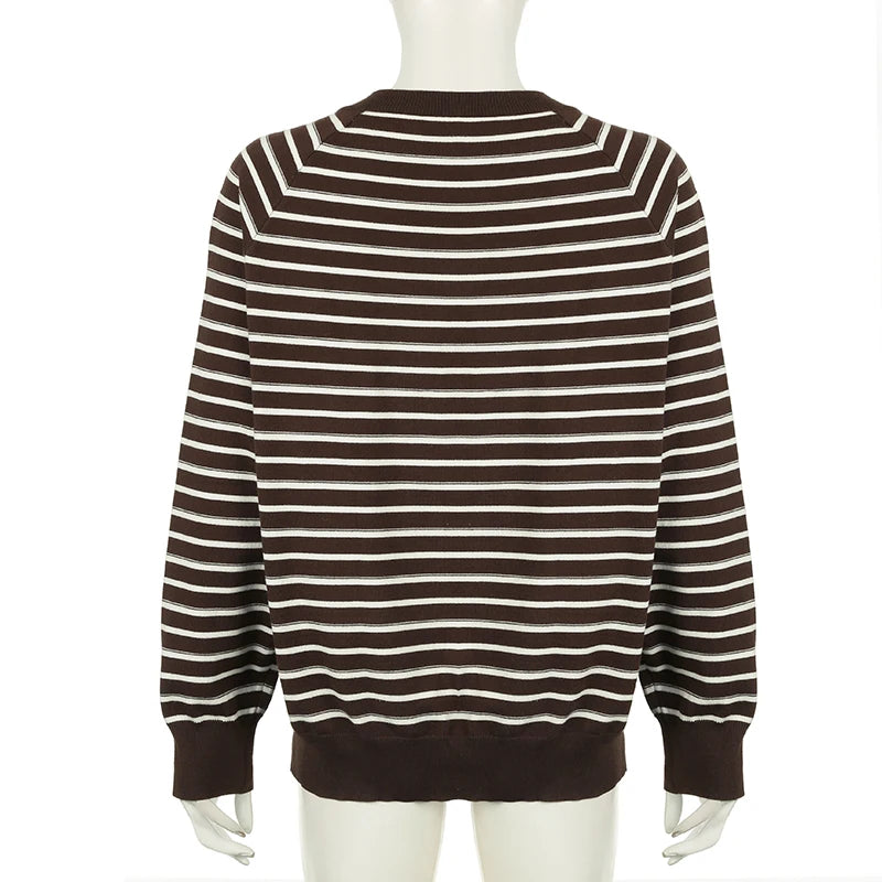 Vintage Loose Striped Women Sweater Harajuku Contrast Collor Knitted Pullover Tops Autumn Winter Y2K Aesthetic Jumper