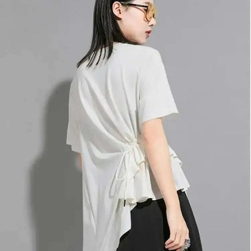 Load image into Gallery viewer, Women White Irregular Drawstring Big Size T-shirt New Round Neck Short Sleeve Fashion Tide Spring Summer 2025 1DE8924
