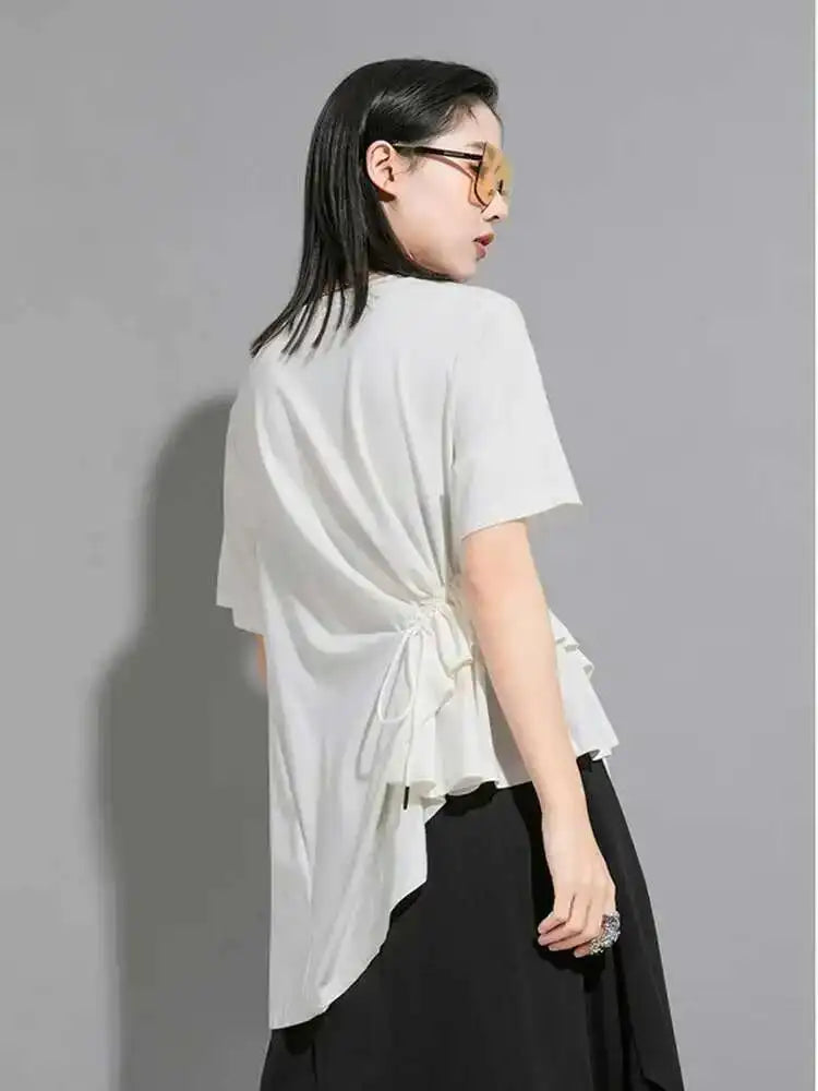 Women White Irregular Drawstring Big Size T-shirt New Round Neck Short Sleeve Fashion Tide Spring Summer 2025 1DE8924