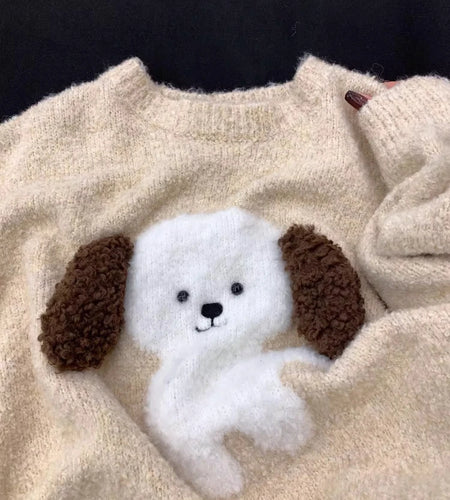 Preppy Kawaii Cartoon Dog Jacquard Sweaters Streetwear Loose Grunge Loose Jumpers Y2k Aesthetic Women Sweet Knitted Pullovers