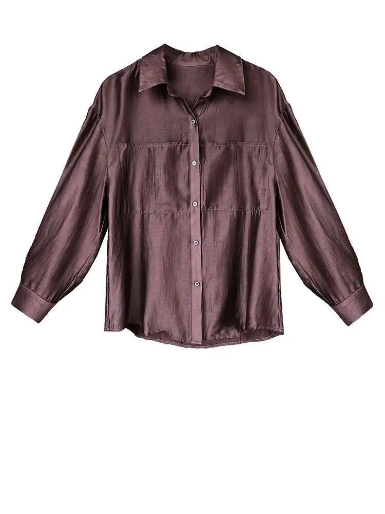 Women Brown Thin Pocket Perspective Big Size Blouse New Lapel Long Sleeve Shirt Fashion Tide Spring Summer 2025 1DH5442