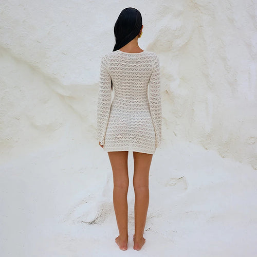 Load image into Gallery viewer, Sexy Knitted Beach Dress For Woman White Hollow Out Deep V Neck Long Sleeve High Waist A-line Knit Dress Knitwear
