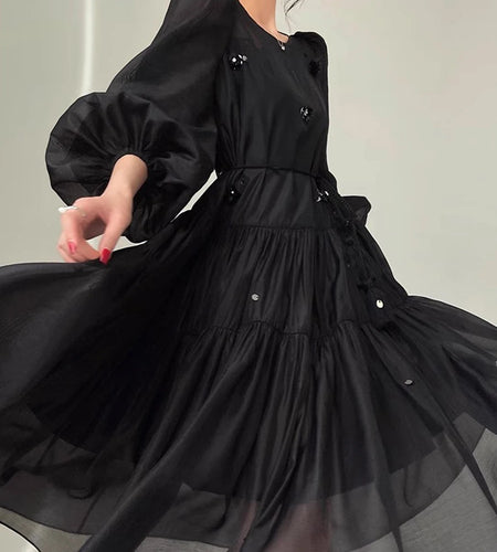 Solid Spliced Sequines Loose Dresses For Women O Neck Long Sleeve High Waist Temperament Dress Female Fashion New