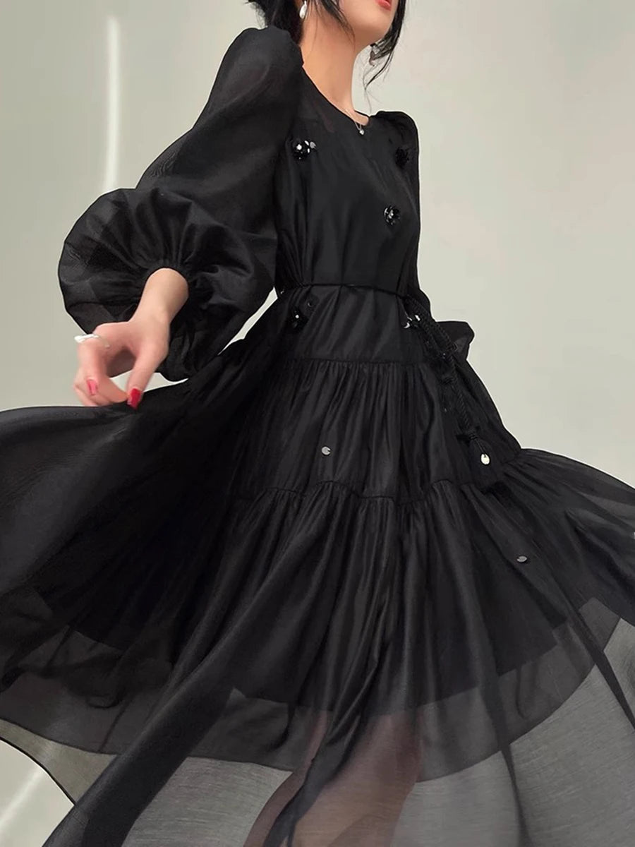 Solid Spliced Sequines Loose Dresses For Women O Neck Long Sleeve High Waist Temperament Dress Female Fashion New