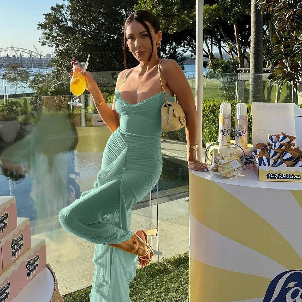 Irregular Mesh Party Dresses 2024 New Arrivals Spaghetti Strap Bodycon Dress Fashion Ruched Long Dress Women