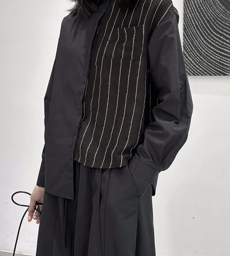 Women Striped Irregular Big Size Blouse New Lapel Long Sleeve Loose Fit Shirt Fashion Tide Spring Autumn 2025 1DF7105