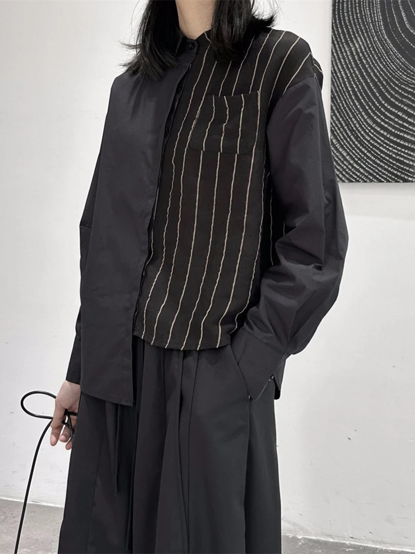 Women Striped Irregular Big Size Blouse New Lapel Long Sleeve Loose Fit Shirt Fashion Tide Spring Autumn 2025 1DF7105