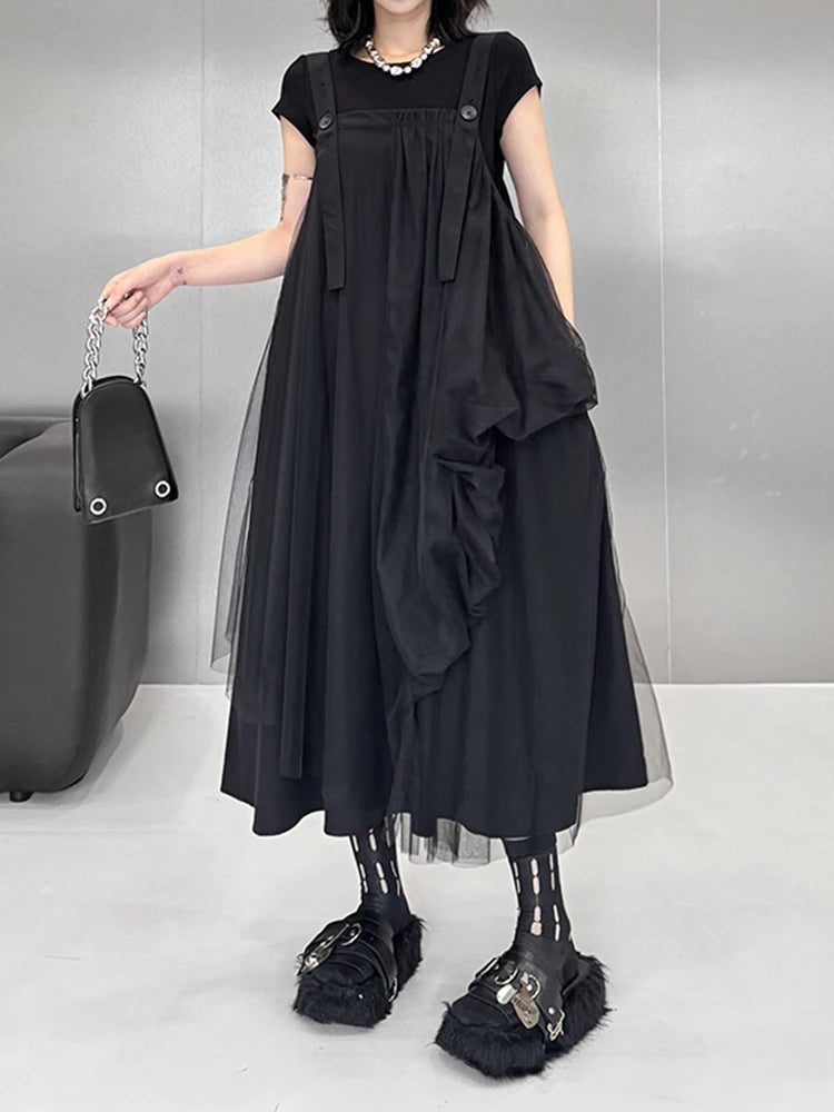 Women Black Irregular Mesh Big Size Strap Dress New Square Collar Sleeveless Fashion Tide Spring Autumn 2025 1DJ1413