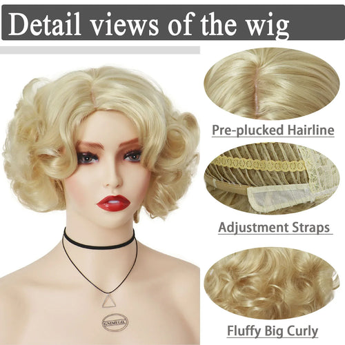 Load image into Gallery viewer, Synthetic Cosplay Wig Short Curly Hair Platinum Blonde Wigs for White Women Fluffy Curls Flip 60s Gatsby Hairstyle Wigs
