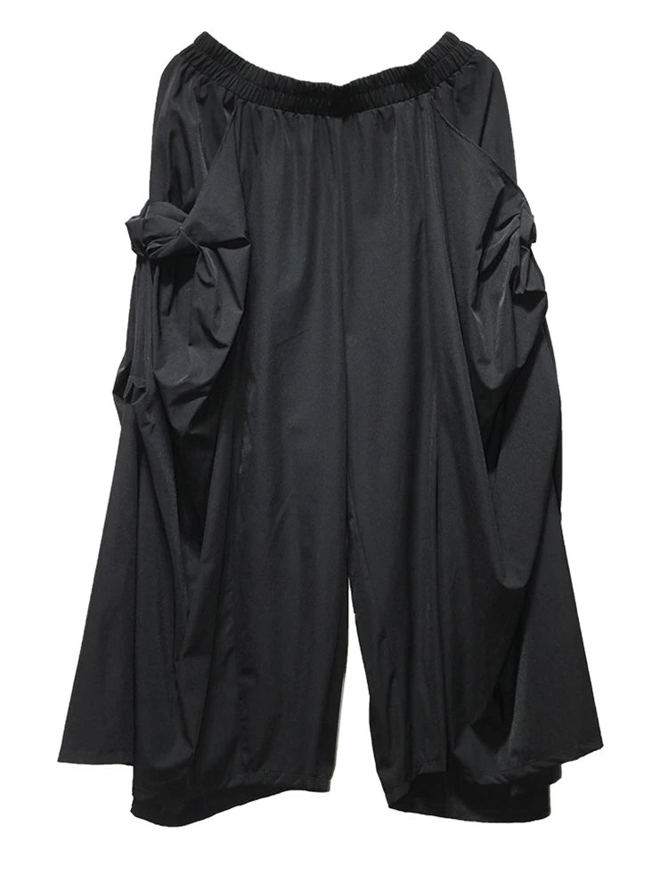 High Elastic Waist Black Pleated Pocket Calf-Length Pants New Trousers Women Fashion Tide Spring Autumn 2025  1DJ1074