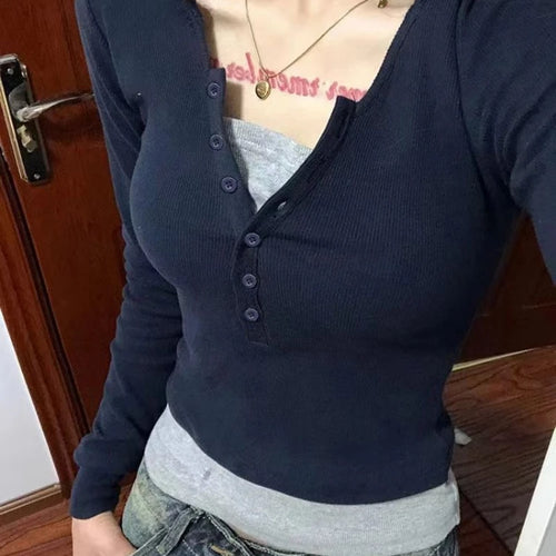 Load image into Gallery viewer, Y2k Aesthetic Casual Fake Two Piece T-shirt Womens Harajuku Patchwork Vintage Top Streetwear Grunge Single Breasted Shirts Femme
