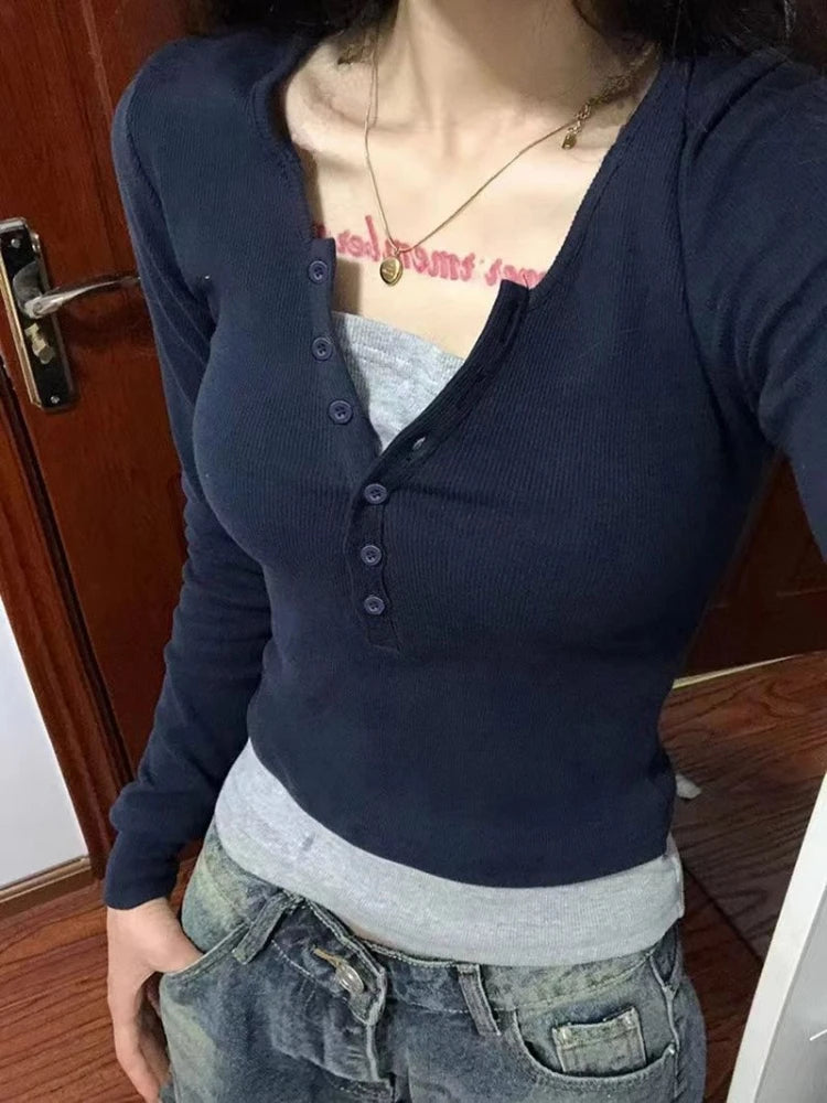 Y2k Aesthetic Casual Fake Two Piece T-shirt Womens Harajuku Patchwork Vintage Top Streetwear Grunge Single Breasted Shirts Femme