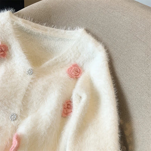 Load image into Gallery viewer, Autumn Winter White Pink Flower Decoration Knitted Cardigan Tops Women V Neck Single Breasted Long Sleeve Imitation Mink Sweater
