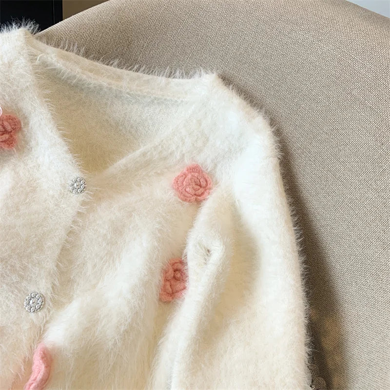 Autumn Winter White Pink Flower Decoration Knitted Cardigan Tops Women V Neck Single Breasted Long Sleeve Imitation Mink Sweater