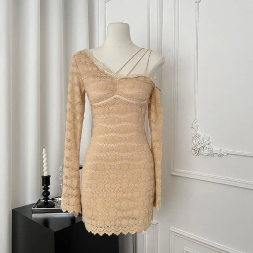 Load image into Gallery viewer, French Retro Women Khaki Lace Slim Backless Mini Dress Autumn Winter Off Shoulder Sexy Club Long Sleeved Short Dress Fashion New
